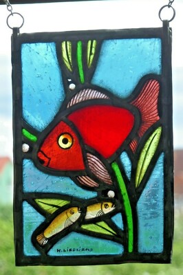 Bleiverglasung seltene Antiquität Glasmalerei / Ätzung ''Goldfisch / Nachwuchs''