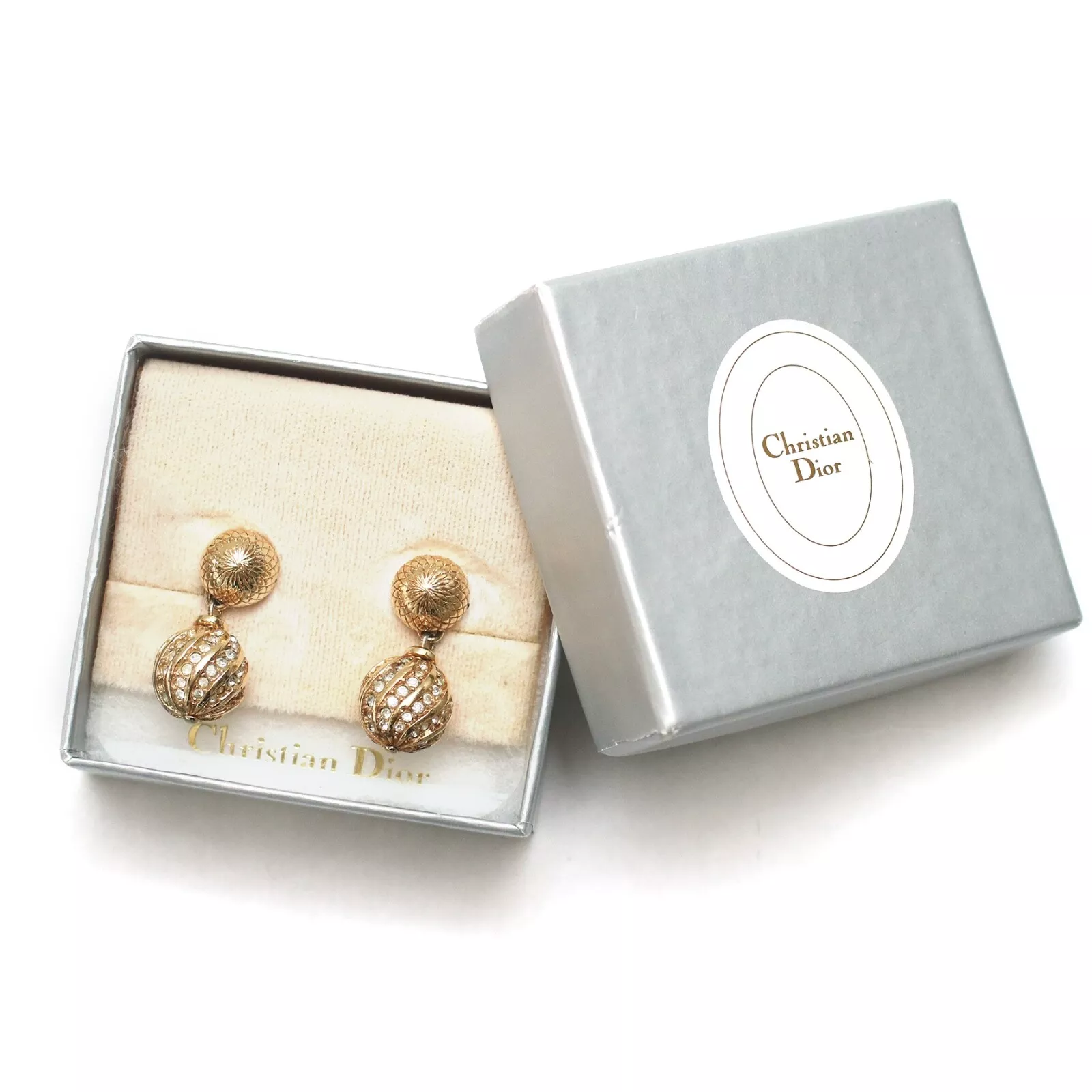 Boucles d'oreilles pendantes vintage Christian Dior Sphère ton or strass