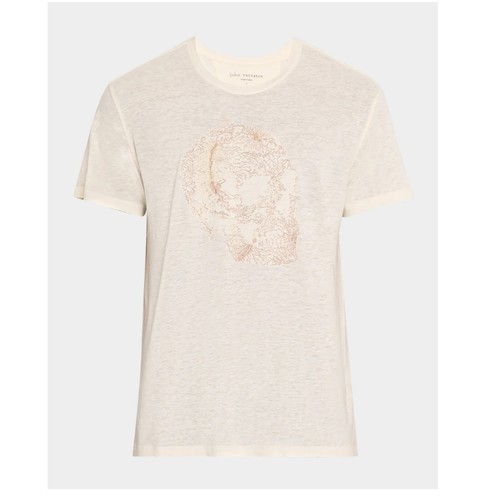 John Varvatos Men's Metallic Embroidered Skull Crew T-Shirt Linen Blend Salt - Picture 4 of 5