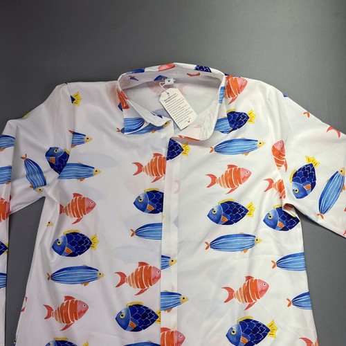 Shirt Dress Women's Sz M Blue Orange White Fish Long Boho Summer Beach - 第 2/12 張圖片