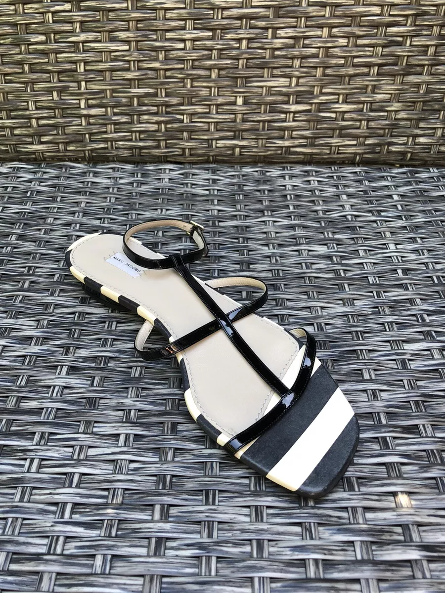 Marc Jacobs New Strappy Black Cream Striped Flat Leather Sandals Size 38EU