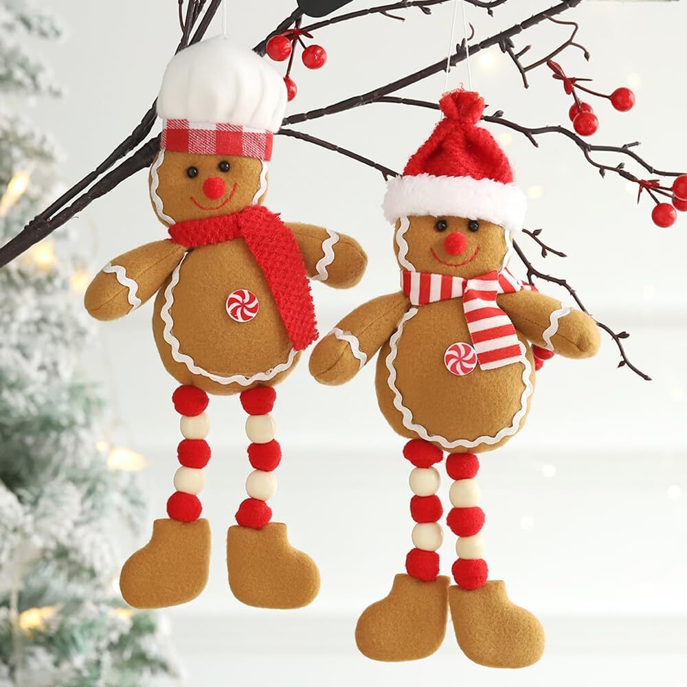 2Pcs/Set Christmas Hanging Gingerbread Man Ornaments, Plush Stuffed Figures