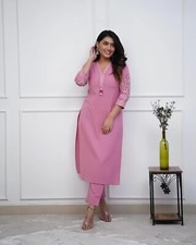 Women Multi-color Kurta Set with Embroidered Sleeves, V-Neck Straight Cut Pants
