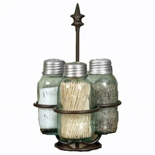 Colonial Tin Works Fleur de Lis Mason Jar Salt Pepper Toothpick Caddy Brown