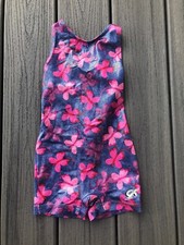 GK Elite Sz Childs XS Butterfly Graphic Foil Gymnastics Unitard Light Blue/Pink