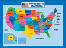 USA Map for Kids - Laminated - United States Wall Chart 18 x 24,