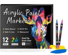 24 Color Acrylic Paint Marker Pen Set Dual Brush Tip Permanent Waterproof Opaque