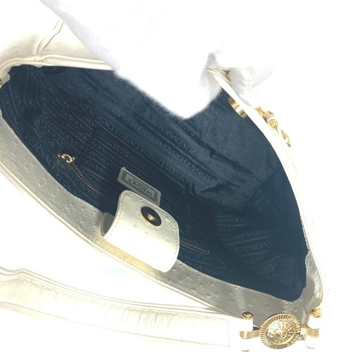 VERSACE Hand Bag Sunburst Vintage Shoulder Bag Embossed Leather WhiteBased/Gold - Picture 12 of 13
