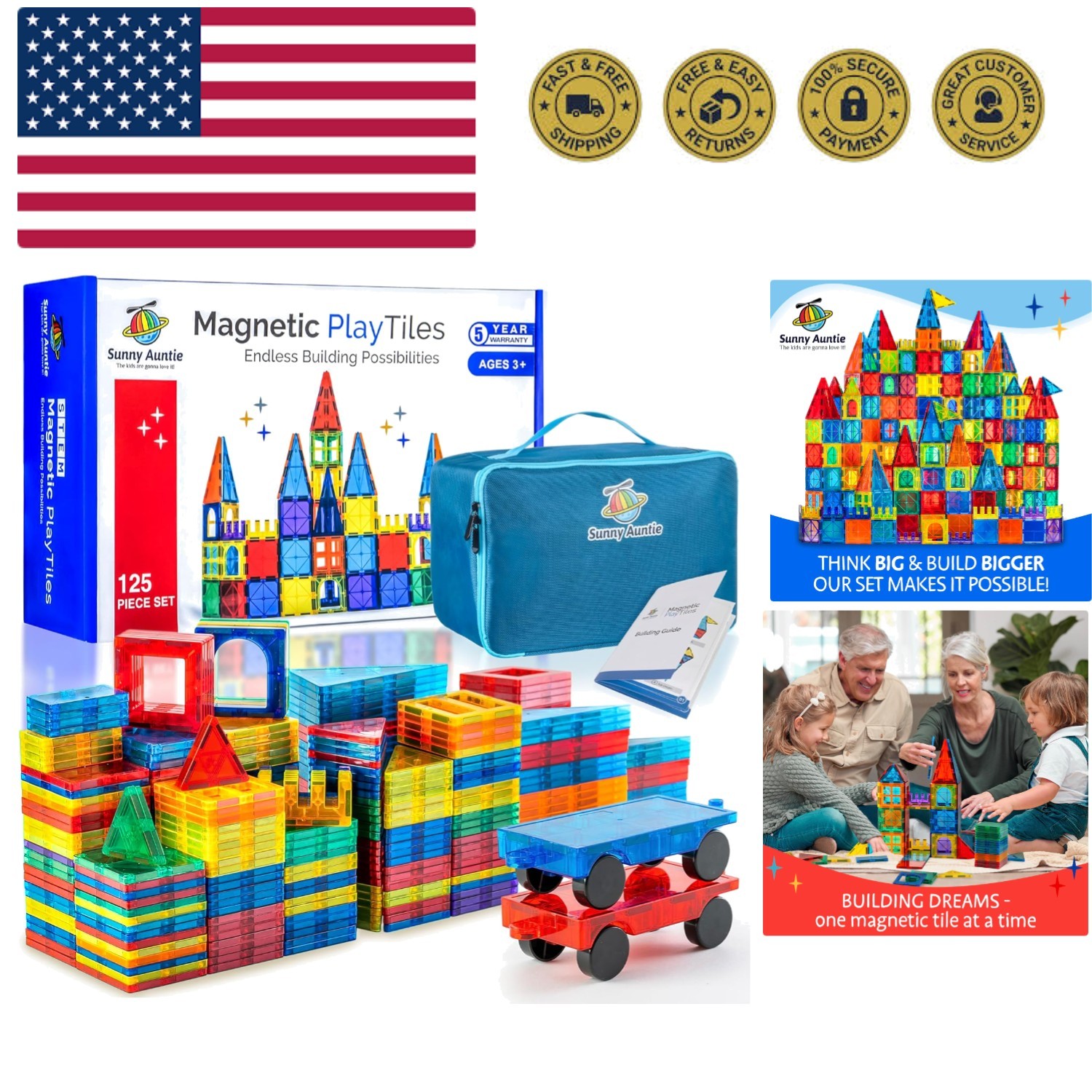 Magnetic Tiles 125 PCS XL SET, Magnetic Tiles for Kids, Toy for 3 4 5 6 7 8  ...