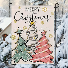Merry Christmas Tree Garden Flag, Double-Sided, 12x18in, High Quality Burlap