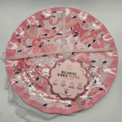 4 Samba Pink Flamingo Melamine 10.8'' Dinner Plates Set  Pink White Scalloped