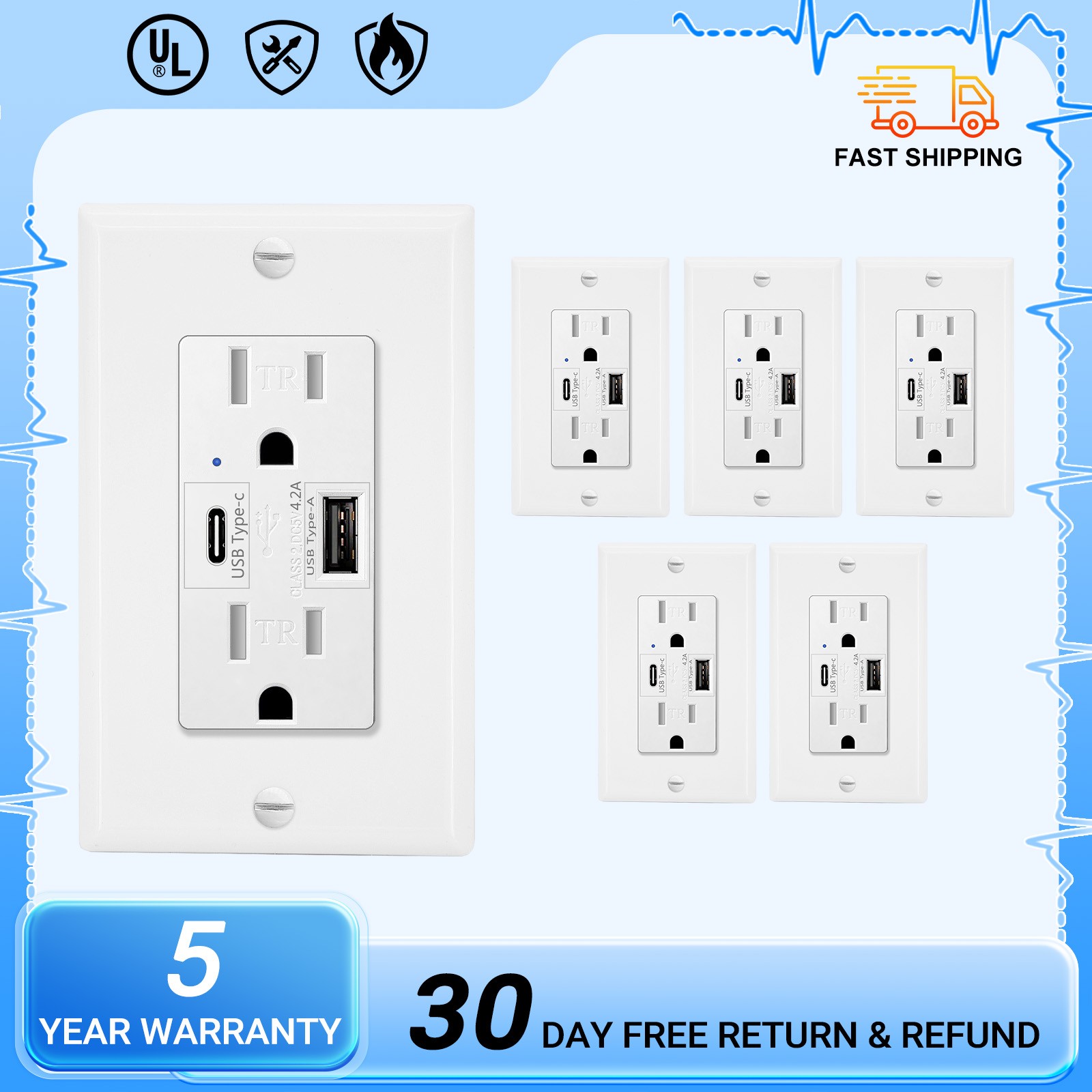 6× 21W Type C USB Wall Outlet Smart Chip Overcharge Protection 15A TR UL Listed