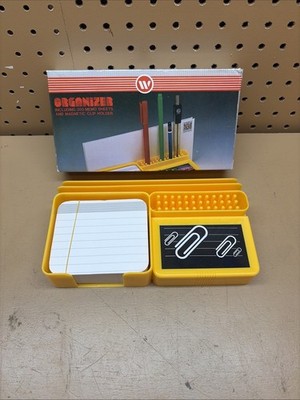 Vtg W brand Yellow organizer set Memo Sheets & Magnetic Paper Clip Holder RARE