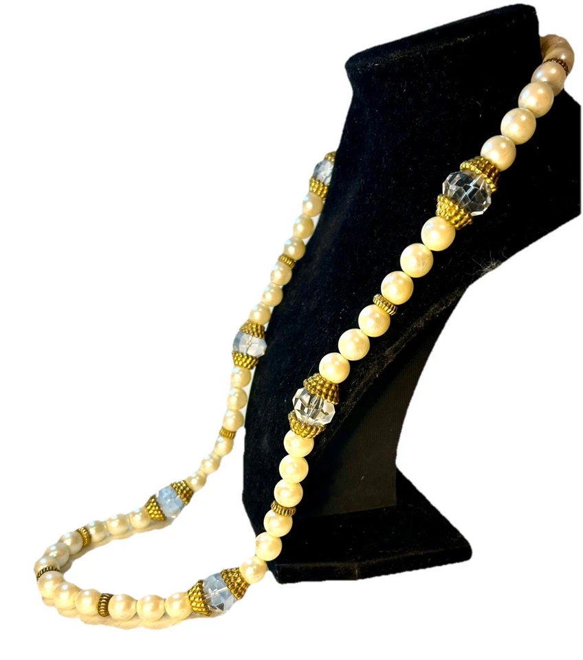 复古项链服装珠宝首饰水晶人造珍珠白色股金色 31 英寸 — 第 4/4 张图片