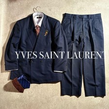 USED YVES SAINT LAURENT DOUBLE-BREASTED SUIT SET, PINS, TIE, AND SHIRT. GOOD