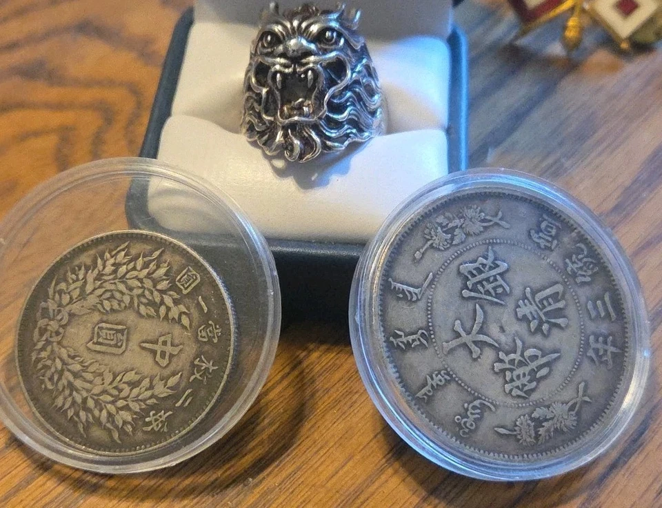 银中国龙戒指 极为罕见 1914 年 Fatman Half Yen DRAGON 1yen Silve — 第 2/4 张图片