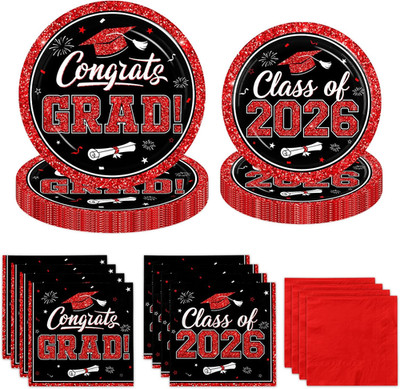 Graduation Decorations 2026 Graduation Party Plates and Napkins Set Black Red Cl