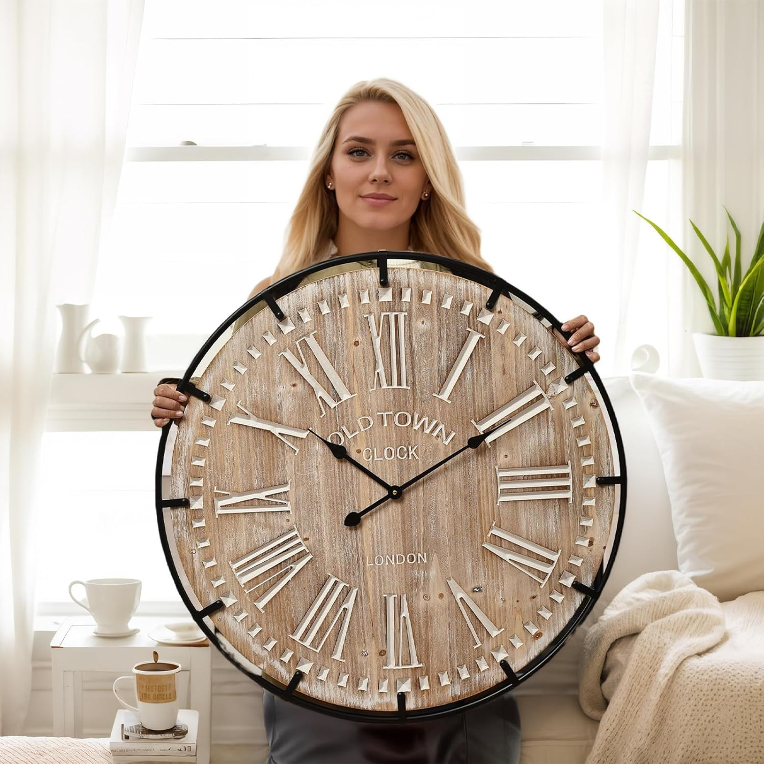 30 Inch Extra Large Wall Clock - Farmhouse Rustic Wood & Metal Design Silent Non