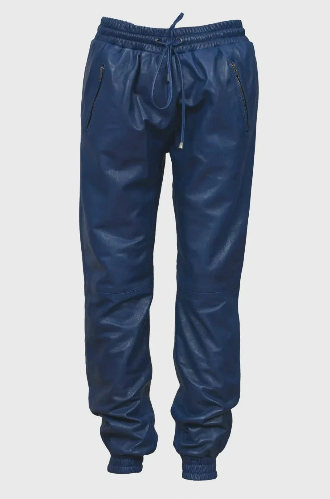Men's Blue Sheepskin Leather Joggers: Slim Fit Streetwear Trousers