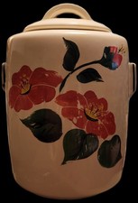 1940s-1950s McCoy Cookie Jar☆Red Hibiscus Flowers☆McCoy Hallmark On The Bottom 