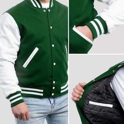 Green & White Varsity Baseball Wool Jacket Leather Sleeve Bomber College Style