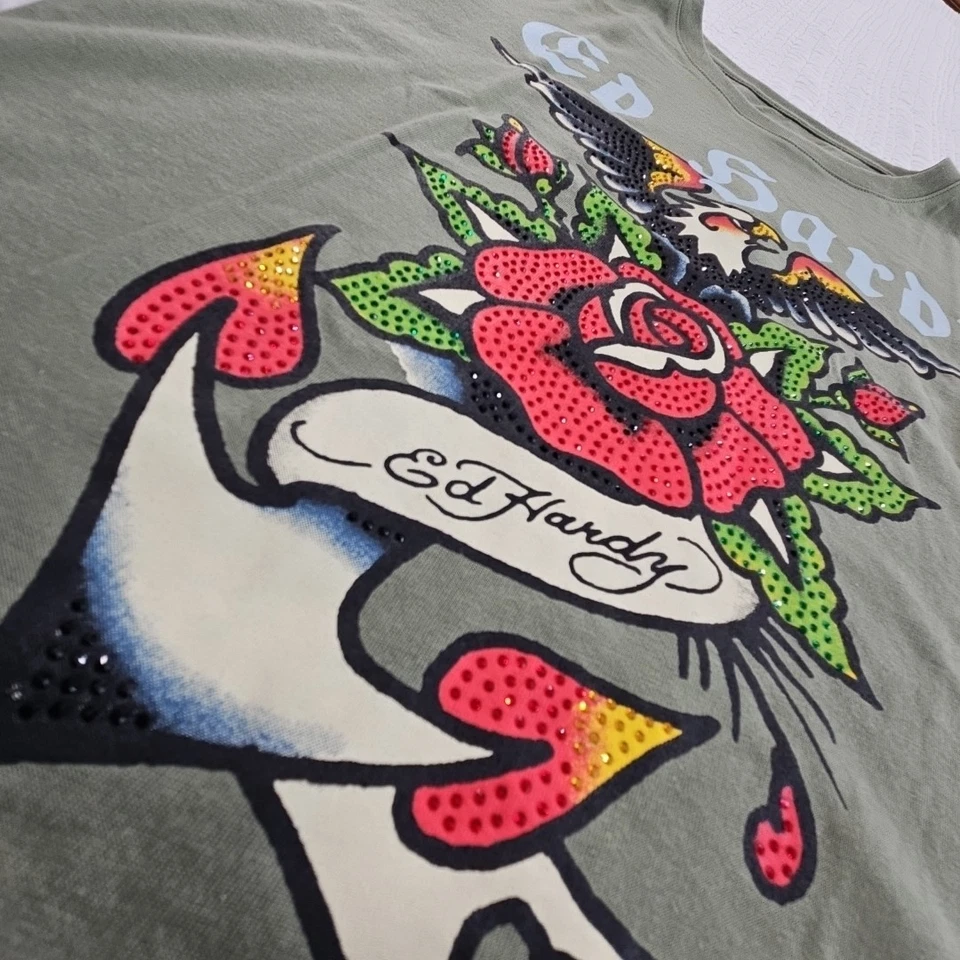 Camiseta Ed Hardy Para Mujer L Verde Estrás Águila Rosa Floral Gráfico Logo Nueva Con Etiquetas Foto 2 de 4