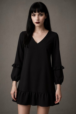 #ad #ad AQUA Dress Women Size XS Mini Black V Neck Ruffle Trim Long Sleeve Shift goth $15.00