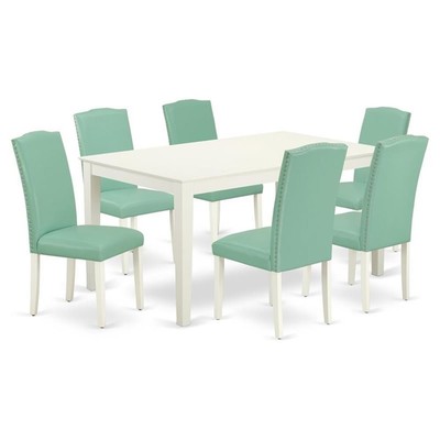 East West Furniture Capri 7-piece Wood Dining Set in Linen White/Pond