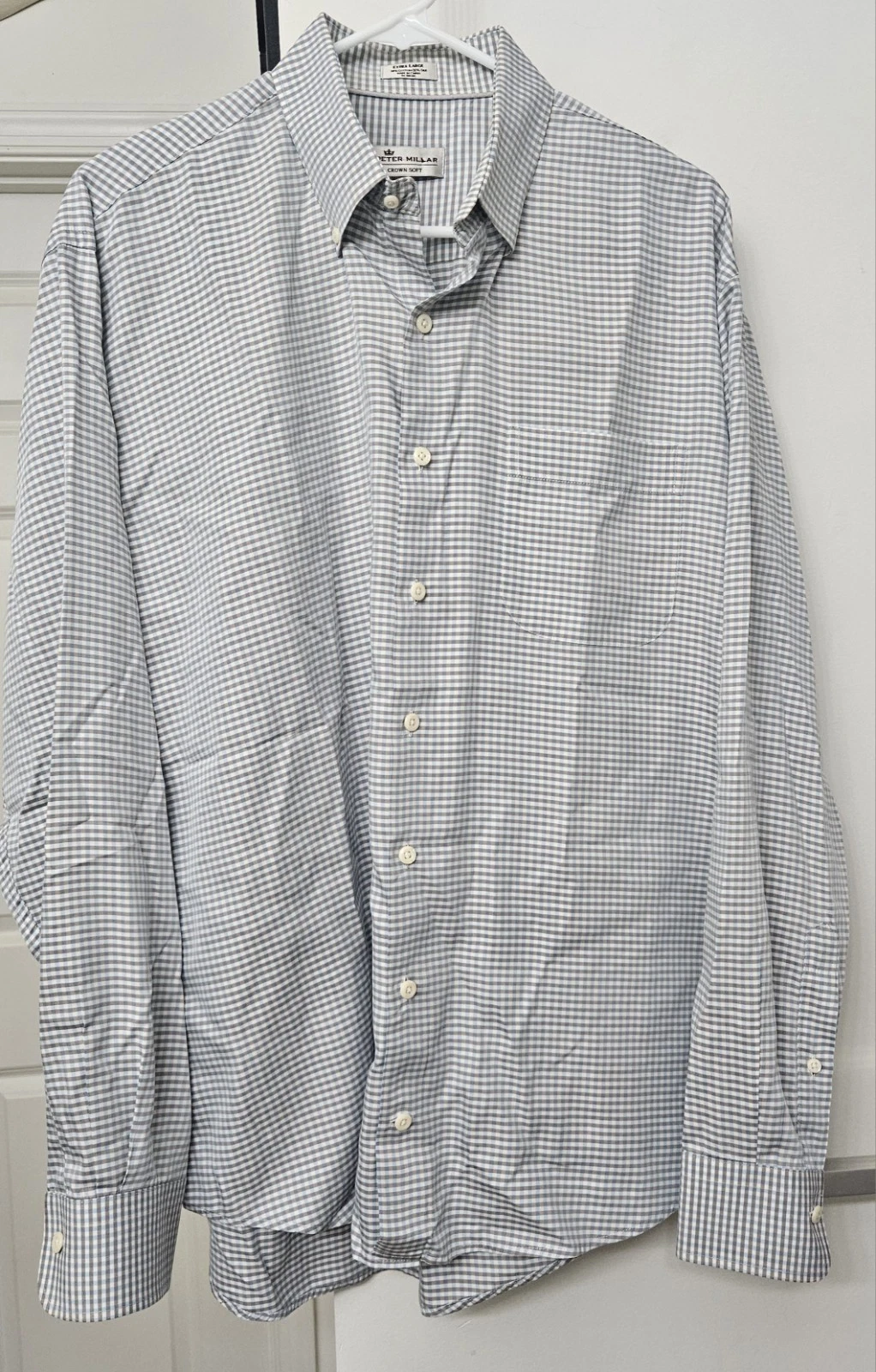 Peter Millar Crown Soft Shirt Mens XL, Light Blue & White Gingham Cotton Silk