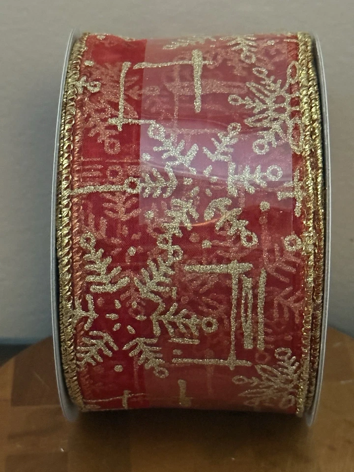 VTG Celebrate It Wired Christmas Ribbon Red  & Gold Glitter Snowflake 30ftx2.5in - Image 2 of 4