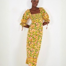 FARM Rio Mini Cashew Maxi Dress Yellow Floral Smocked Size XS NWT