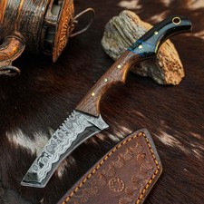 7.7" Hunting EDC Damascus Knife Handmade Full Tang Wood Handle + Sheath