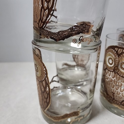 Set 5 VTG Georges Briard Glasses Signed Gold Brown Owl Drinking Lowball Tumbler - Picture 6 of 9