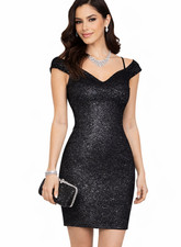 Lipsy Black Glitter Bodycon Dress Size 12 Party Occasion Club Evening Wedding