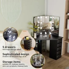Vanity Desk with Mirror and Lights, Corner Vanity Set w/5 Drawers &Shelves HOT💡