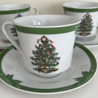 Vintage Tea Coffee Cups And Saucers Christmas Tree Japan Set
