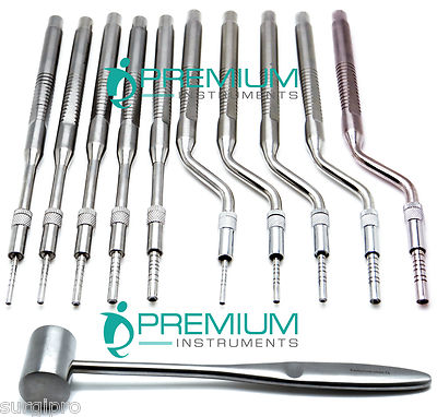 11 Pc Dental Osteotomes Straight & Curved Tip FREE Mallet Spread Instruments