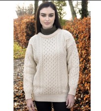 Aran Craft VTG Merino Wool Irish Fisherman Cream Sweater Oversize XS 3D Knit