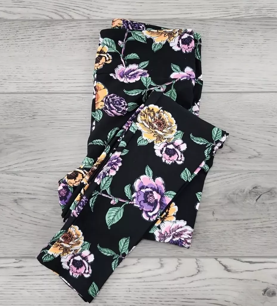 LuLaRoe Black Leggings - Orange & Purple Flowers With Stems - One