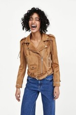 Zara Southwestern Style Suede Biker Jacket With Fringe & Stud Detail In Camel M