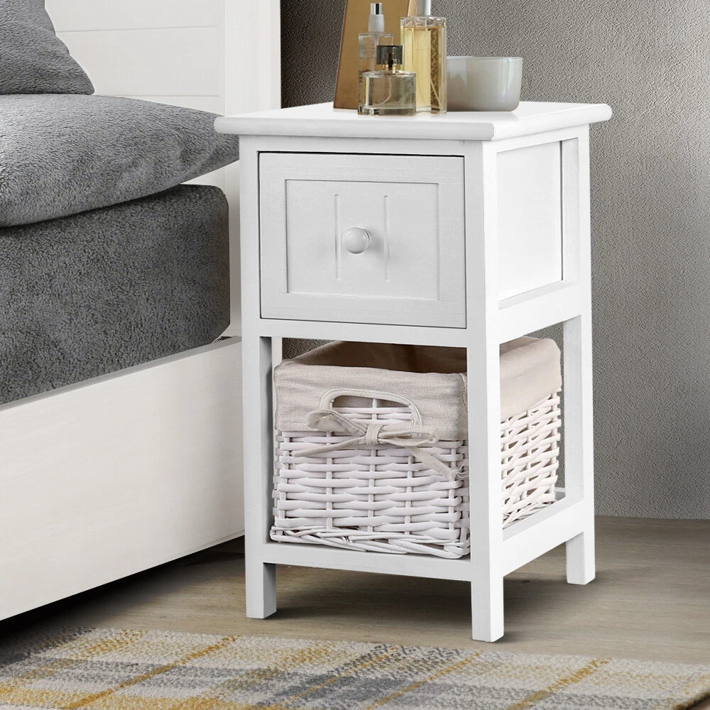2 PCS Bedside Table wicker basket Paulownia wood Sturdy structure