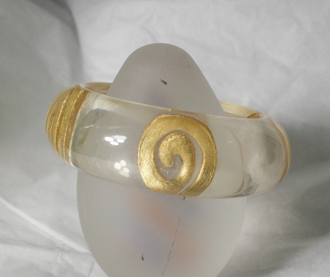 Bangle bracelet, resin bracelet, great quality, clear w/ gold leaf design, 8