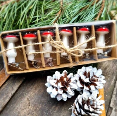 HEAVEN SENDS Set 6 Glass Red White Fly Agaric Toadstool Clip on Christmas Tree Decorations