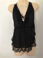 Vintage Pandora Lingerie By Chic Satin  Lace Black Babydoll Size M