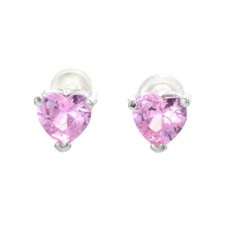 BRAND NEW SILVER PLATINUM simple heart-shaped inlaid pink Zircon  Stud EARRINGS