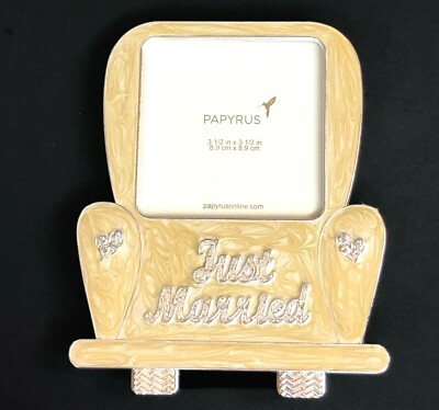 Papyrus Photo Table Frame Just Married Car Silver Crystals Marbled Yellow New