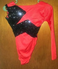 Girls Red Dance Unitard Black Sequin Outfit Long sleeve Open Shoulder Other