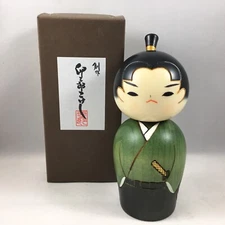 Japanese 5.75"H Creative KOKESHI Wooden Doll Green WAKA SAMURAI Boy JAPAN MADE