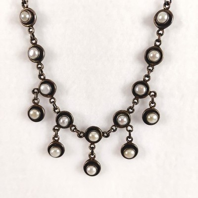 Vintage Genuine Pearl 925 Sterling Silver 16'' Rolo Necklace Boho Hand-Crafted
