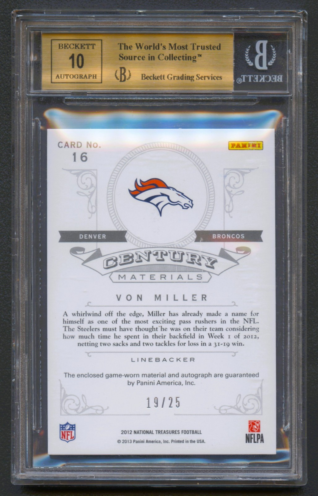 VON MILLER 2012 NATIONAL TREASURES CENTURY JERSEY AUTO /25 BGS 9.5/10 GAME-USED view 2